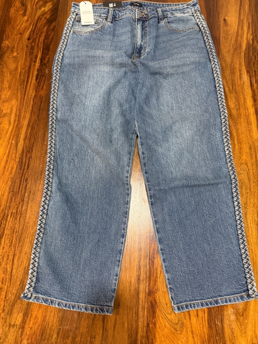 NWT Express Straight Leg Jeans 14 Medium Wash Braided Trim Boho Western